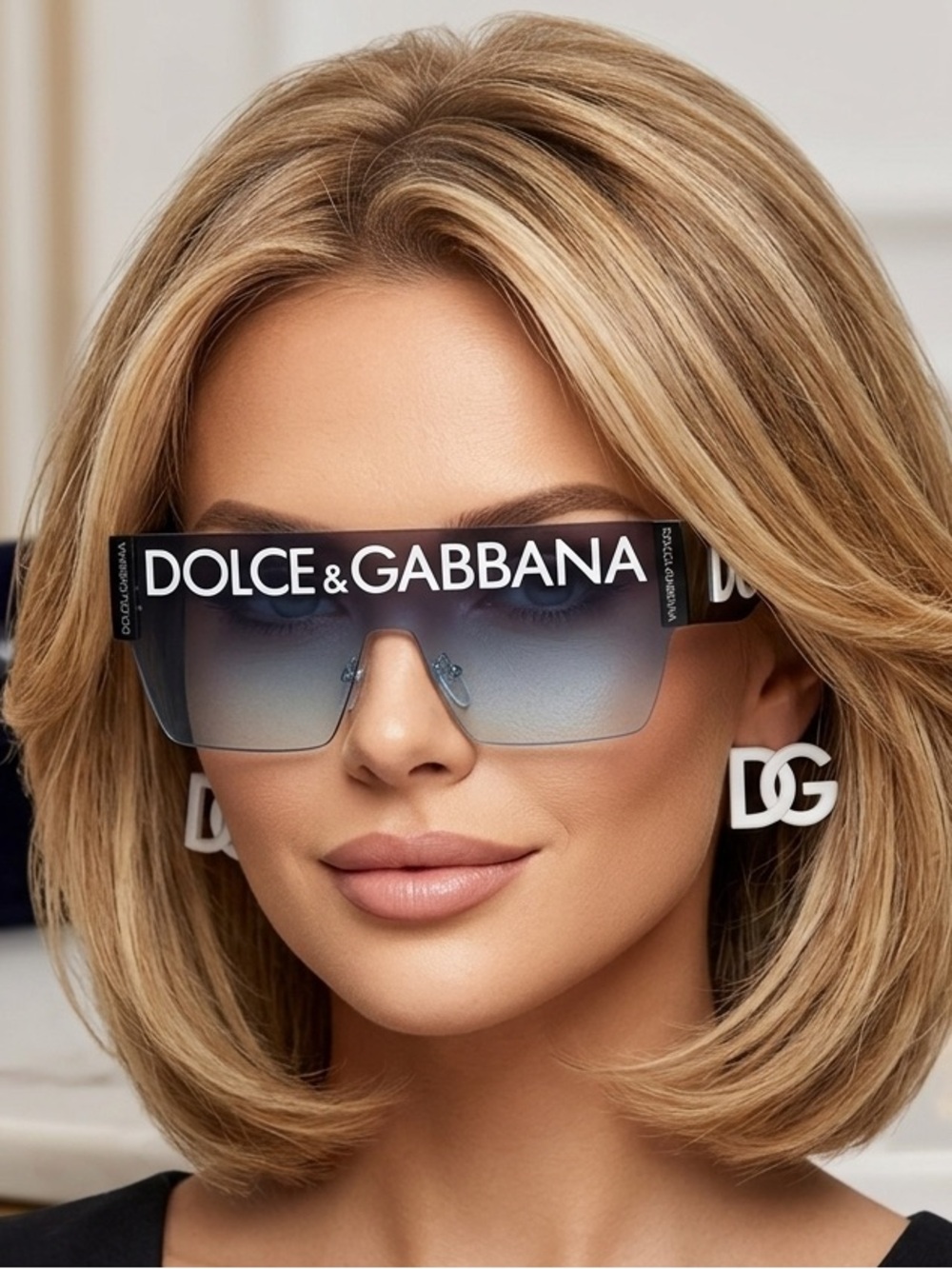 Dolce & Gabbana Black Logo Shield Sunglasses with Gradient Blue Lenses